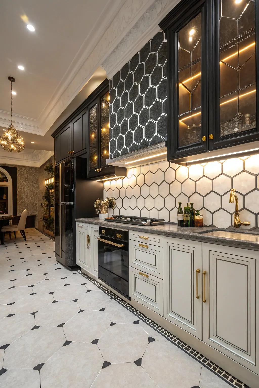 Vintage charm meets modern design with hexagonal tiles.