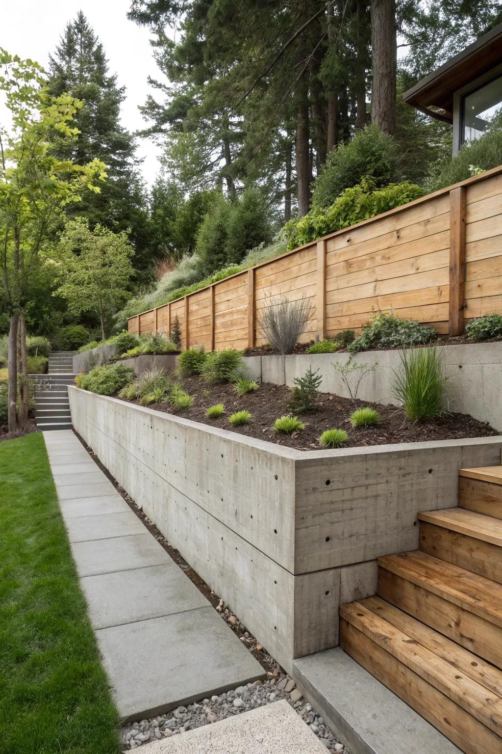 Concrete and wood mix for a striking retaining wall design.