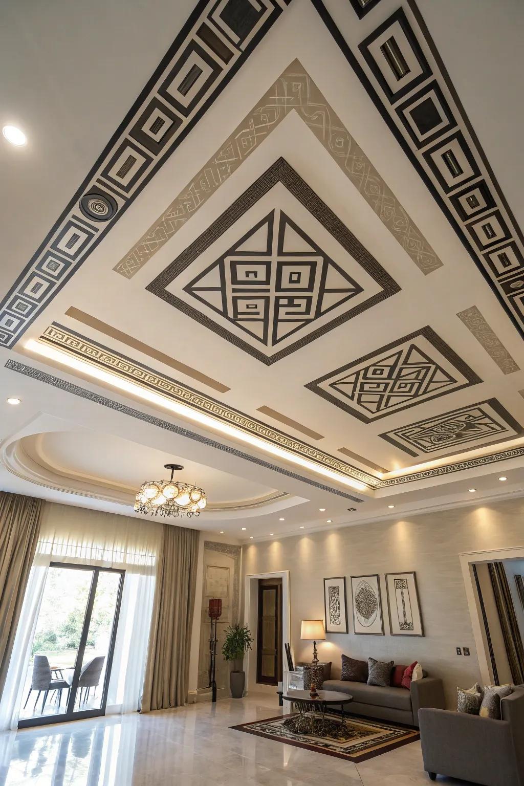 Geometric patterns turn ceilings into statement pieces.