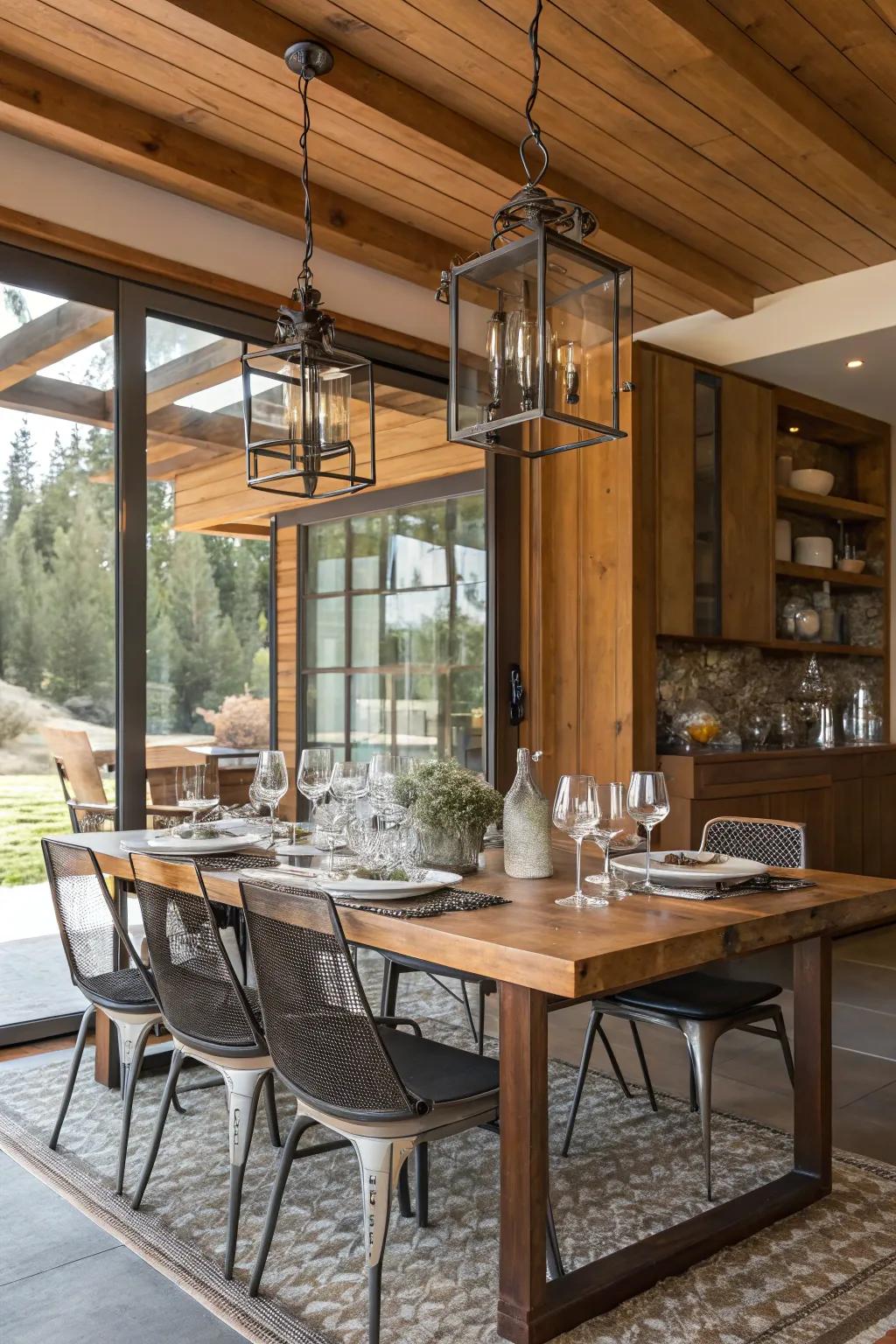 A mix of materials adds texture and interest to a modern dining space.