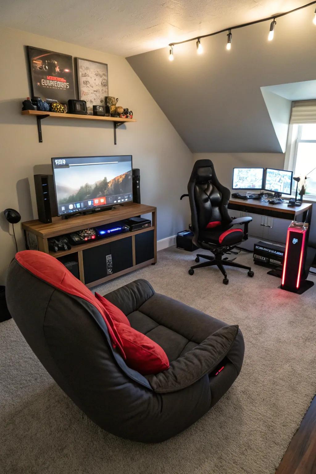 A gaming bedroom featuring ergonomic seating options.