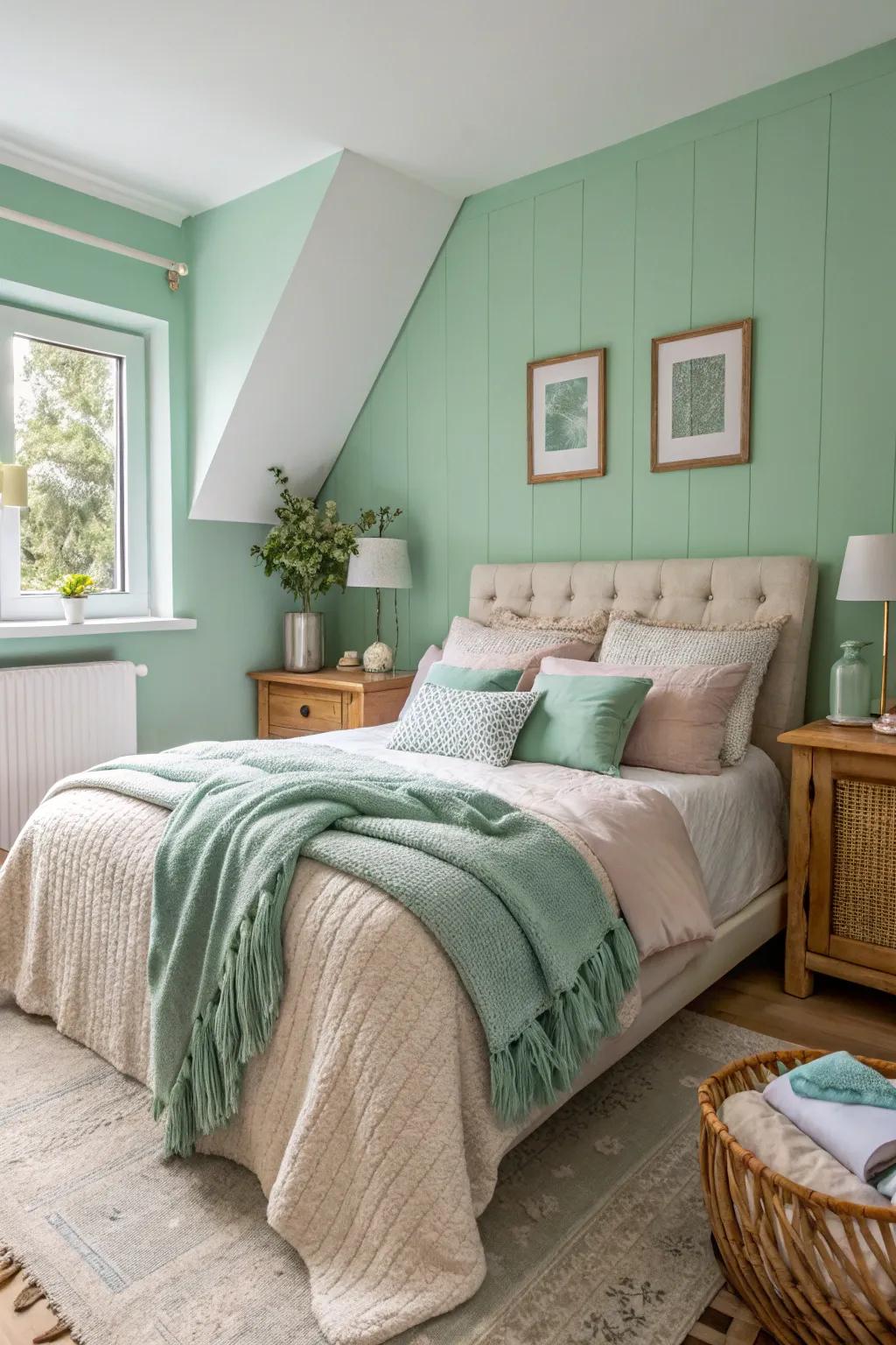 A snug springtime green boudoir layered with fabrics.