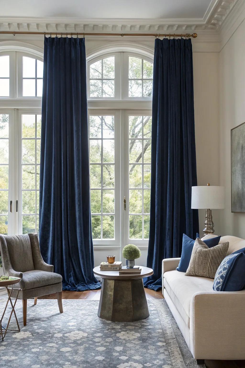 Navy curtains frame the room with elegance.