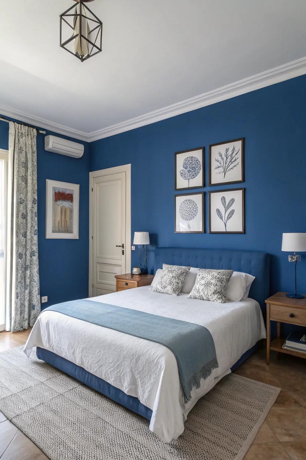 Minimalistic art pieces complement the royal blue theme, adding elegance.