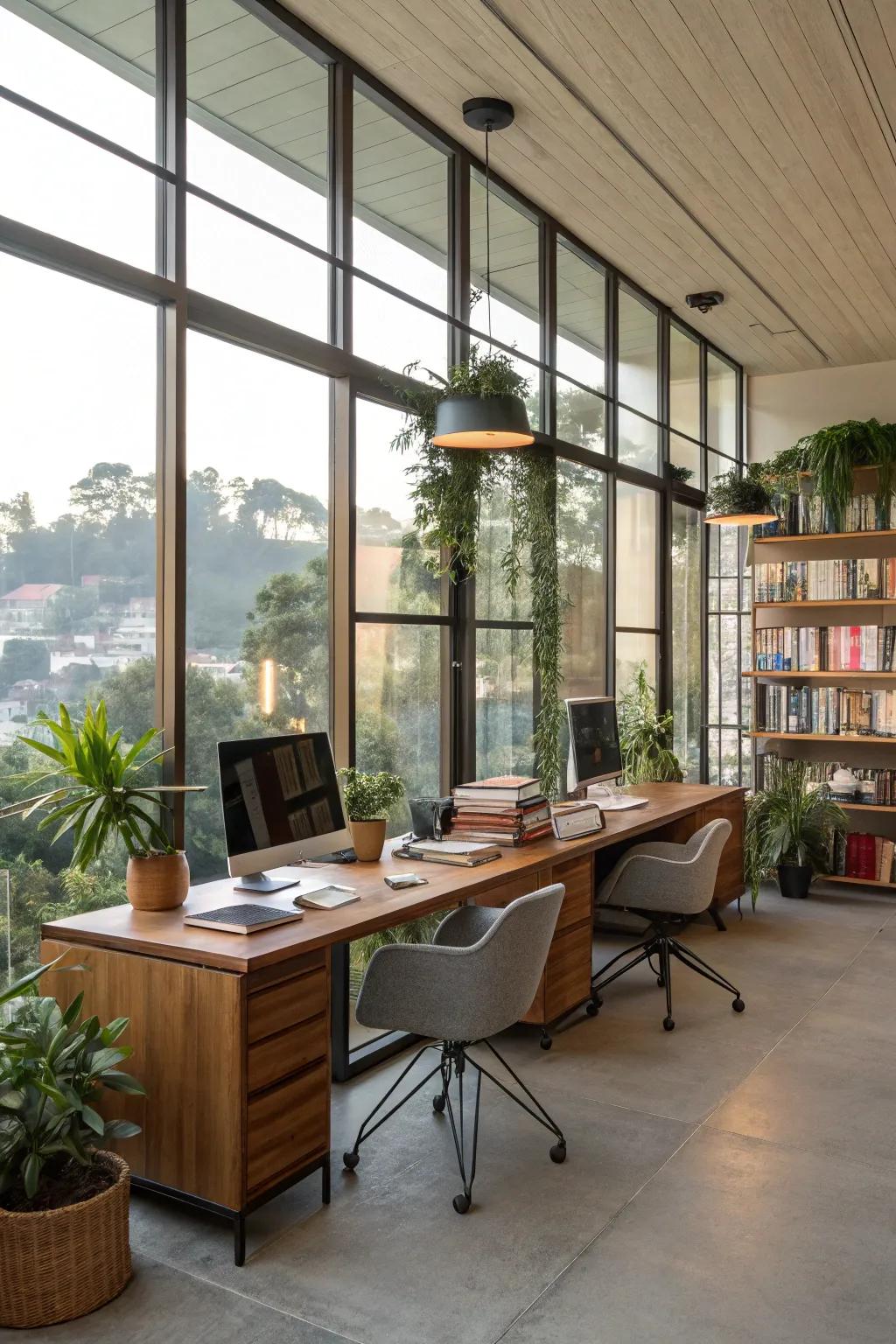 Natural light enhances the ambiance and energy in a rustic office.