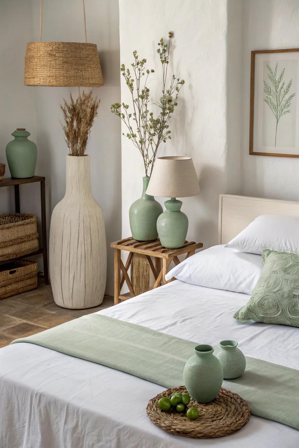 Minimalist sage green decor complements the room’s simplicity and calm.