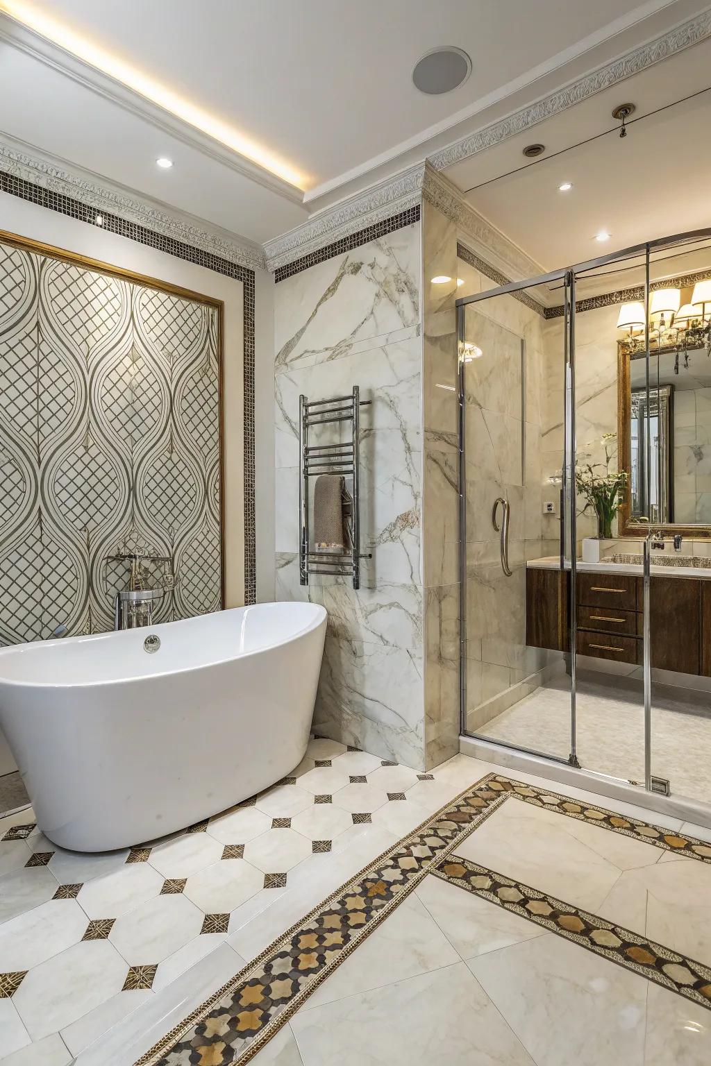 A bathroom featuring elegant marble mosaic accents.