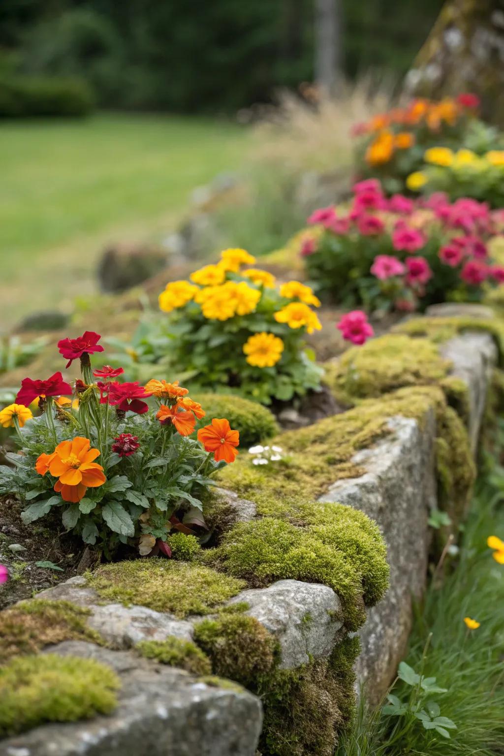 An exquisitely framed flower bed featuring lichen stone bordering.