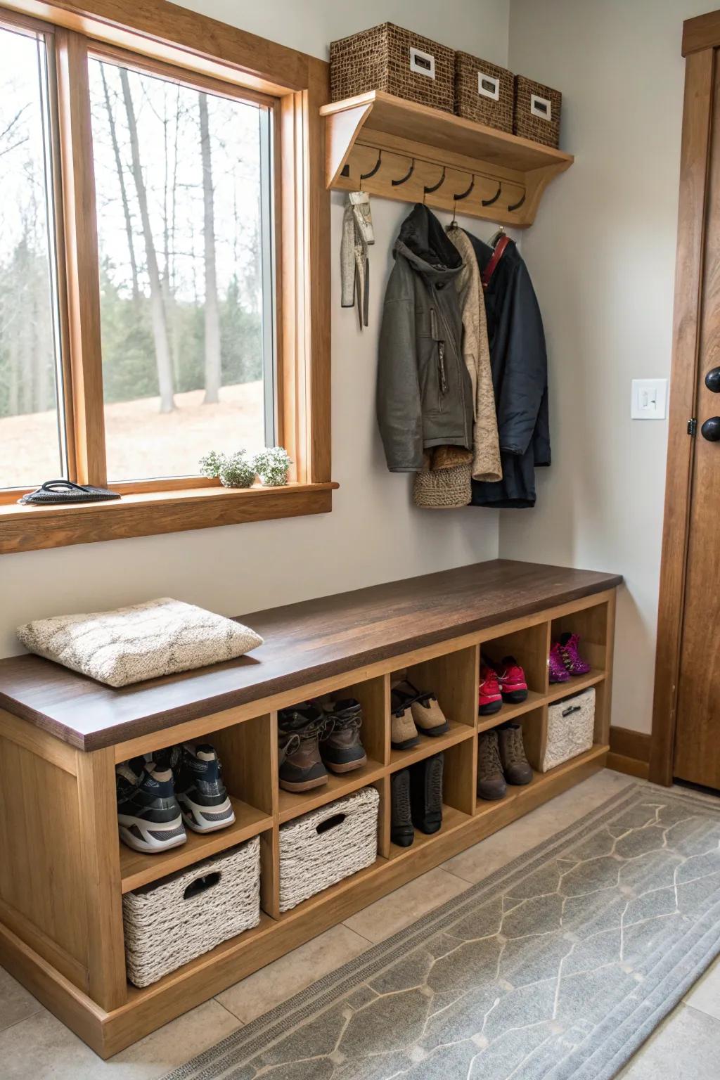 A multi-functional mudroom bench with seating and hidden storage.