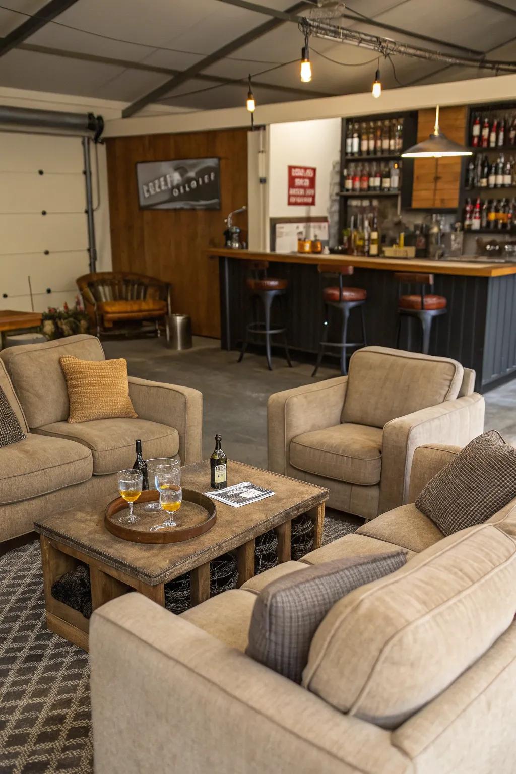 A cozy lounge area in a garage with a small bar.