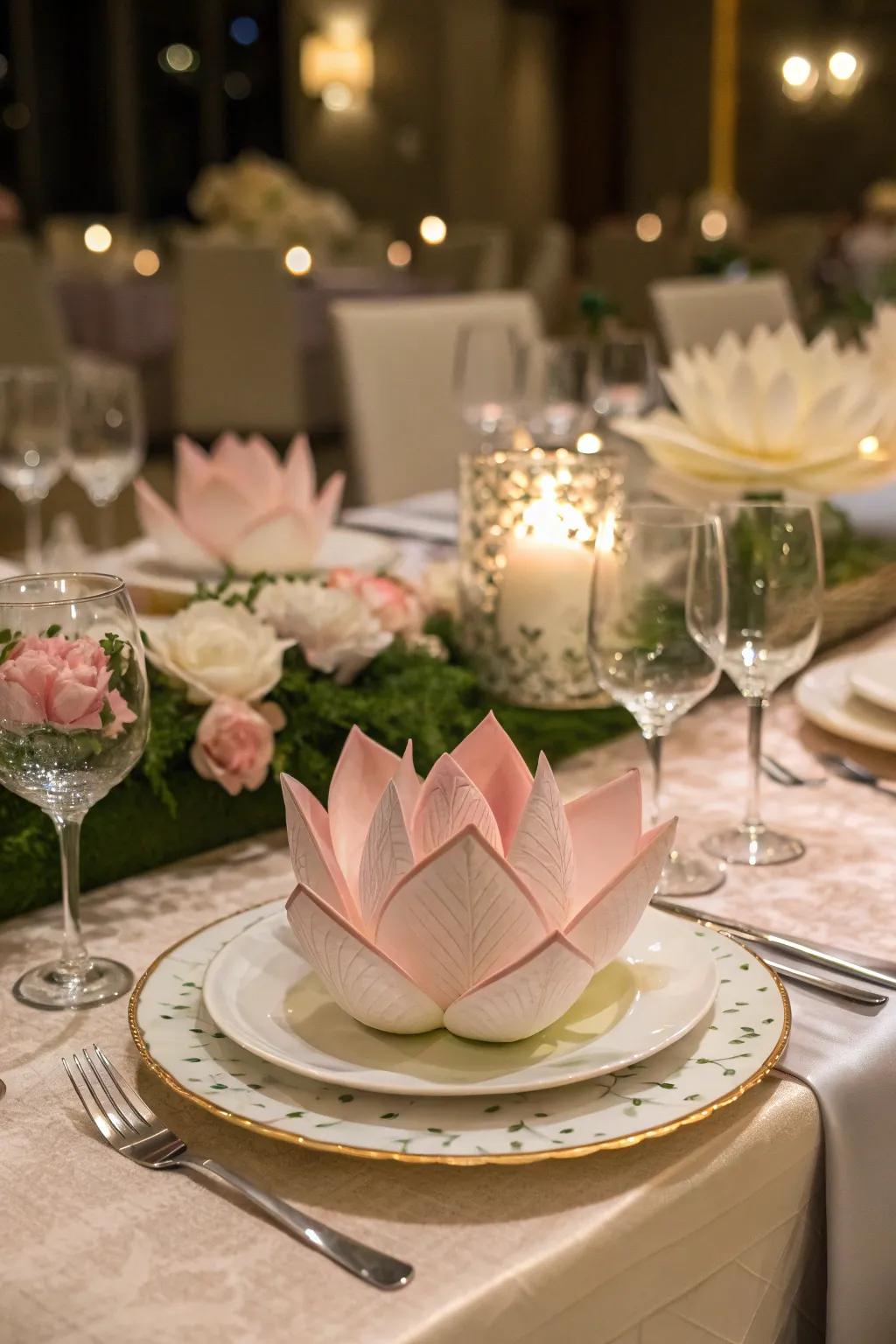 The Lotus Blossom fold adds exotic elegance to your dining experience.