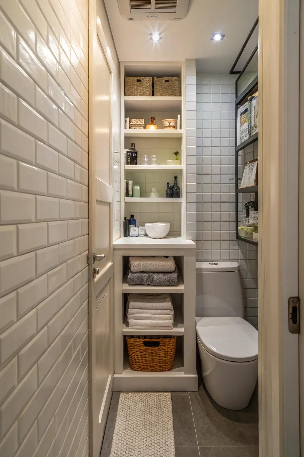 Recessed shelving blends storage seamlessly into narrow bathroom designs.