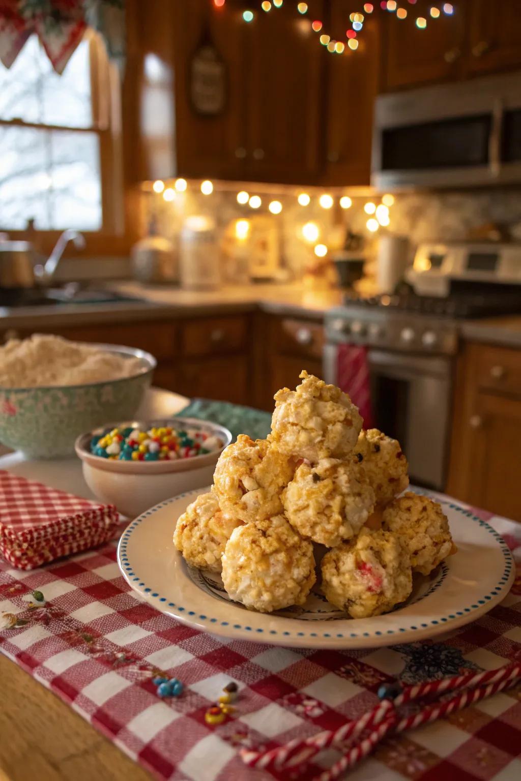 Freshly made popcorn balls ready to enjoy.