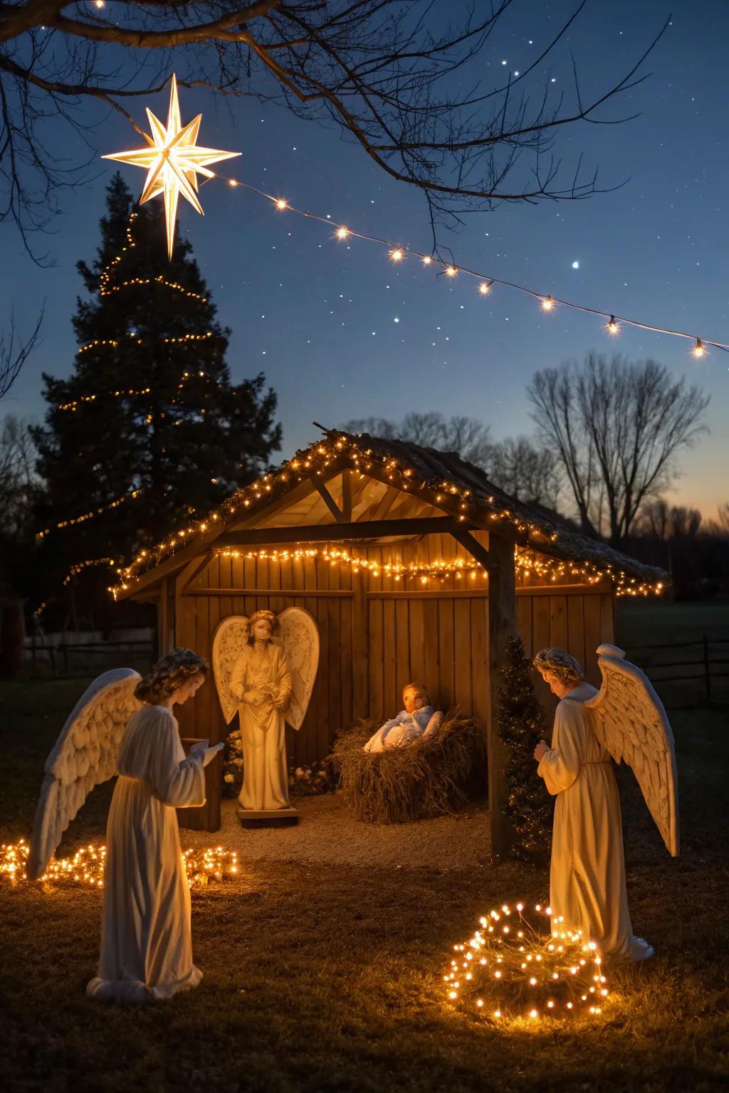 Angelic figures and glowing lights create a serene nativity scene.