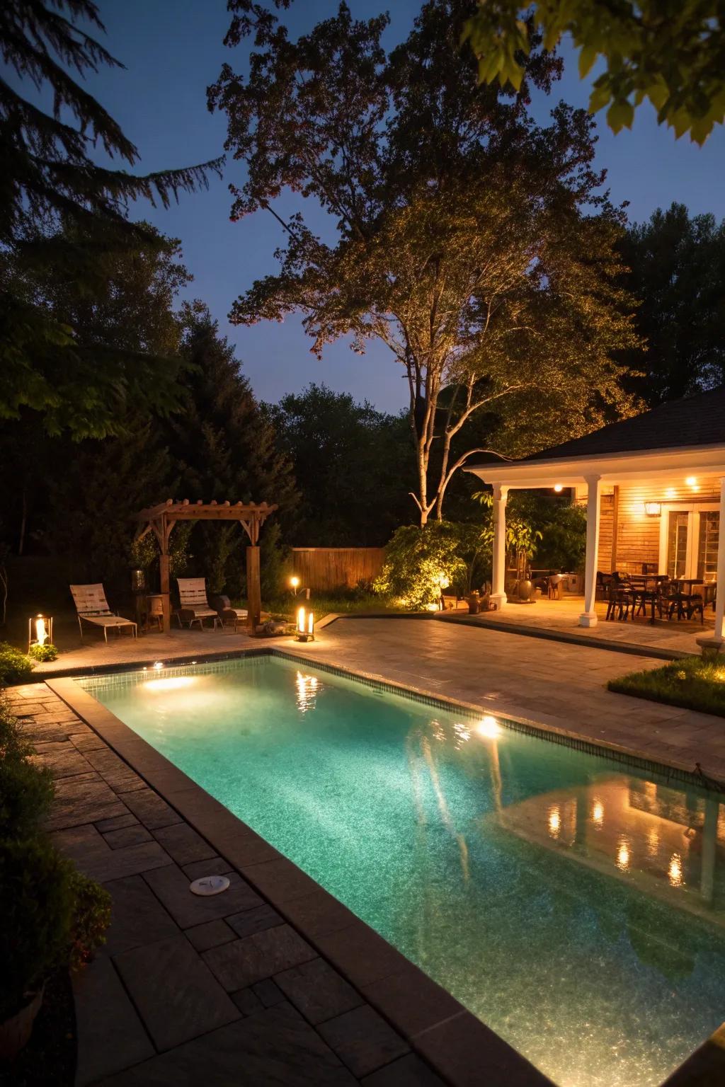 A beautifully illuminated pool shimmering at night, ideal for nighttime gatherings.