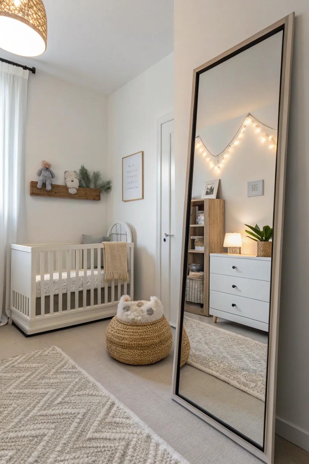 A minimalist nursery with a sleek mirror that enhances its simplicity.