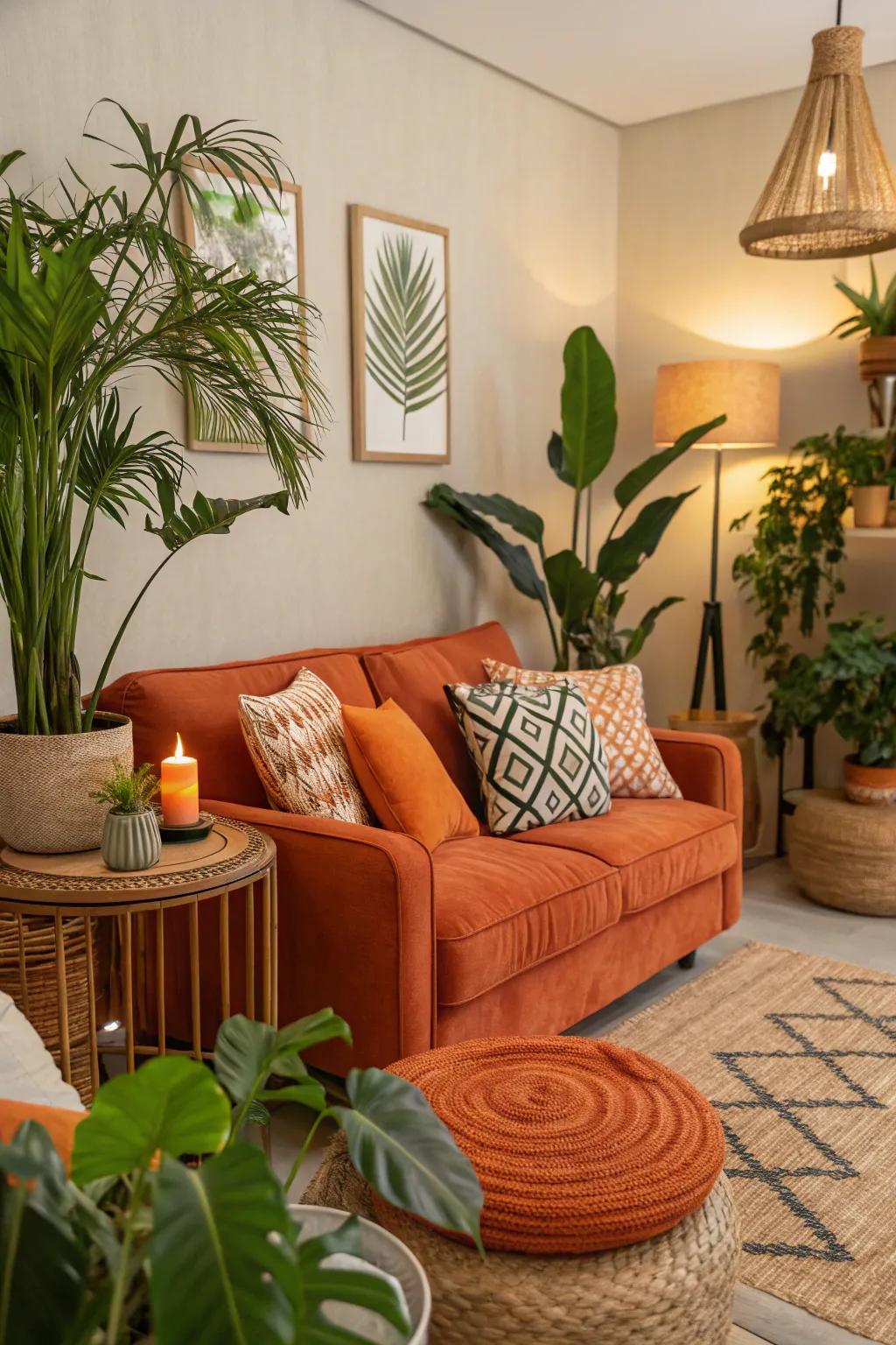 Orange accents paired with greenery create a balanced and natural atmosphere.