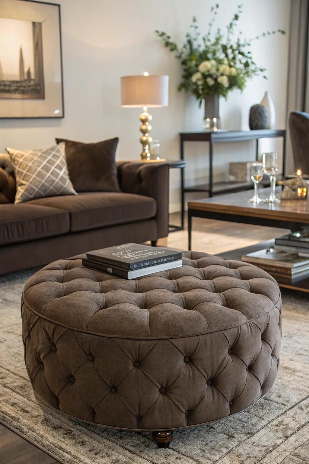 A tufted ottoman adding texture to the decor