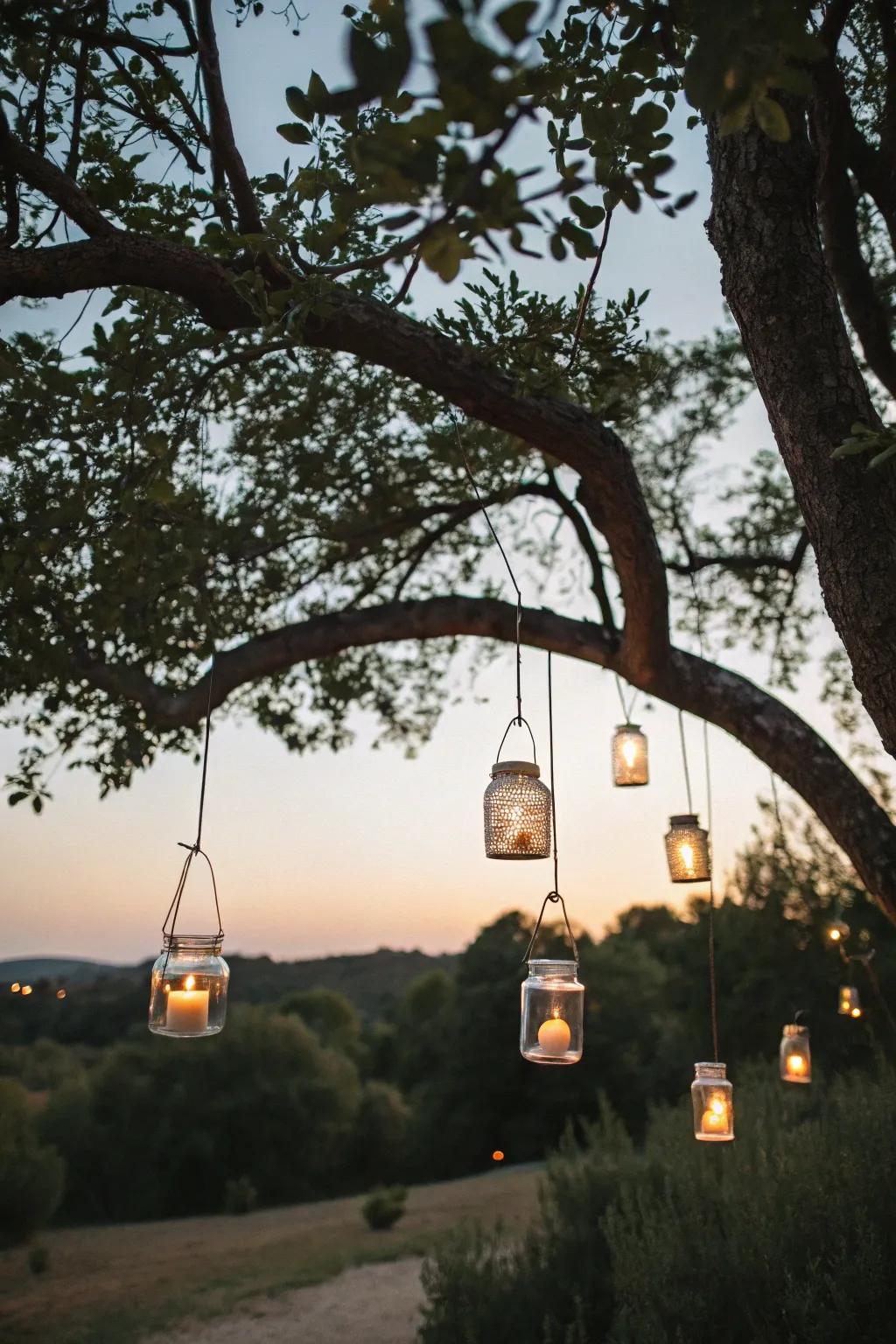 Create a magical vibe with hanging candle holders.