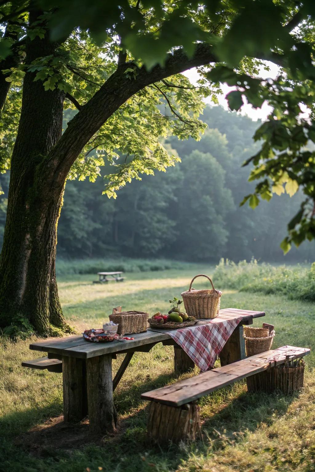 Tree trunk tables merge seamlessly with nature.