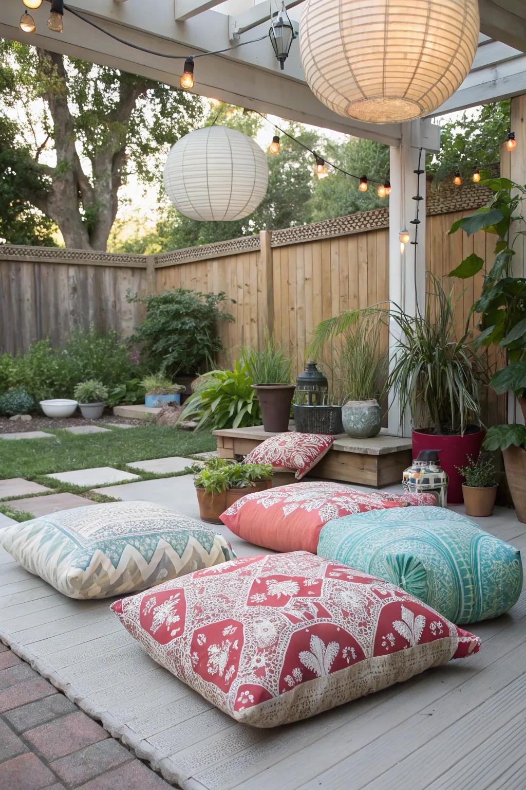 Floor pillows bring a laid-back, bohemian style to any outdoor space.