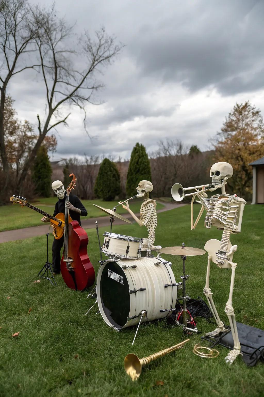 A rocking skeleton band performance in the yard.