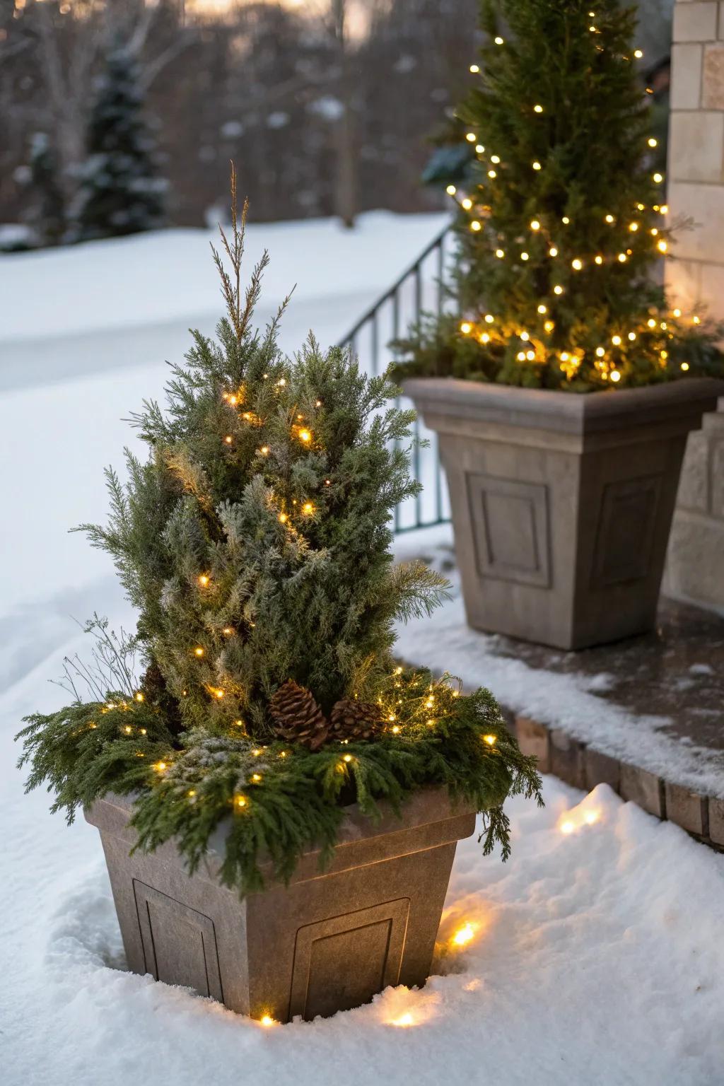 Twinkling lights bring warmth and magic to winter planters.