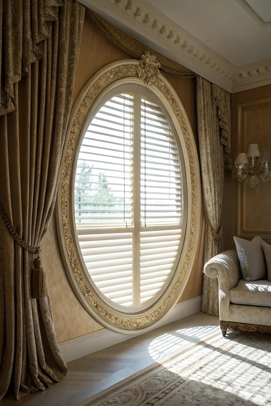 A decorative frame with integrated blinds elevates the window's charm.