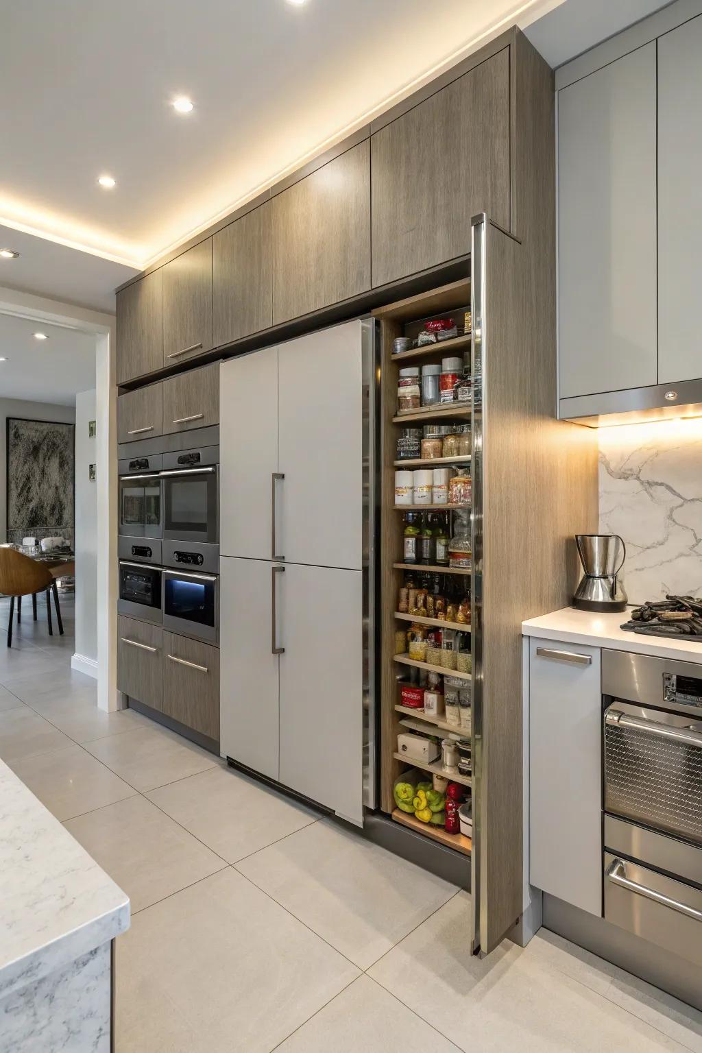 A kitchen featuring a hidden pantry integrated into the cabinetry.