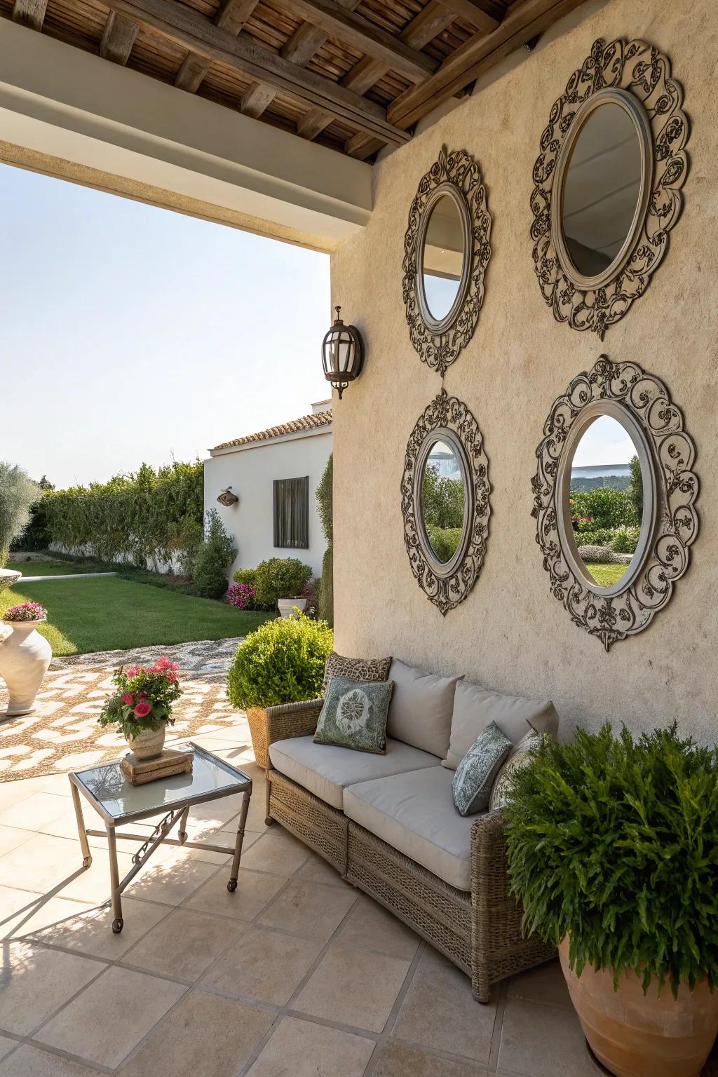 Decorative mirrors enhance light and space on the patio wall.