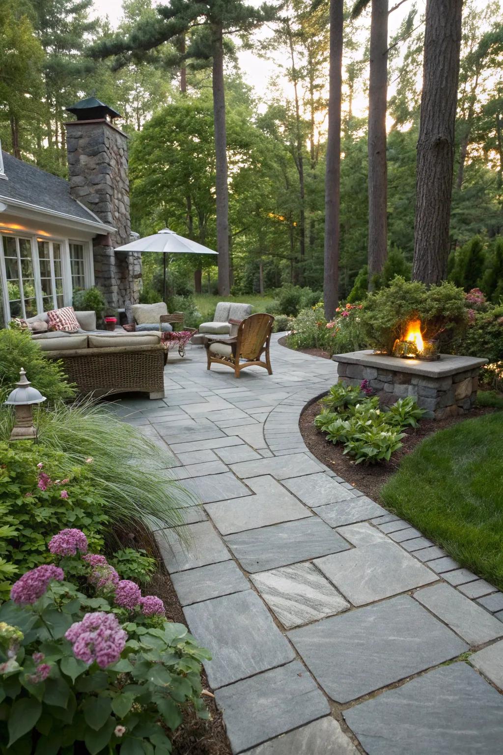 A sophisticated slate walkway leading to a relaxing backyard retreat.