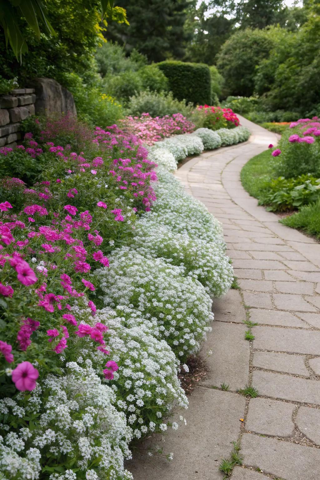 Alyssum's fragrance enhances the vibrant appeal of petunia garden paths.