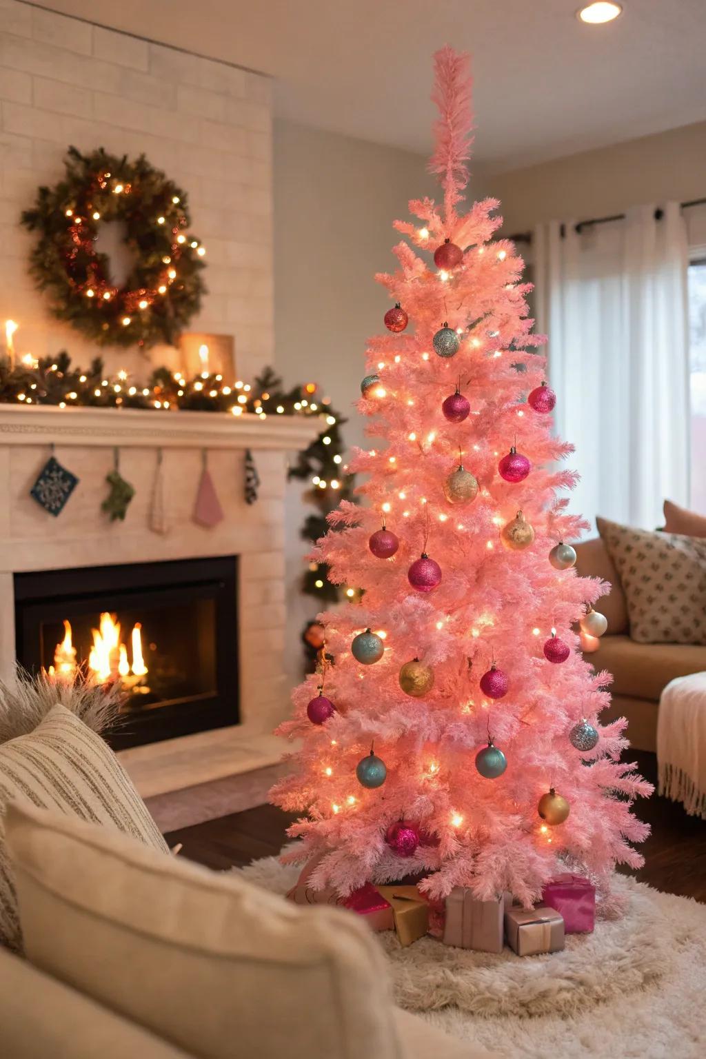 A cozy spot by the fireplace highlights this pink Christmas tree.