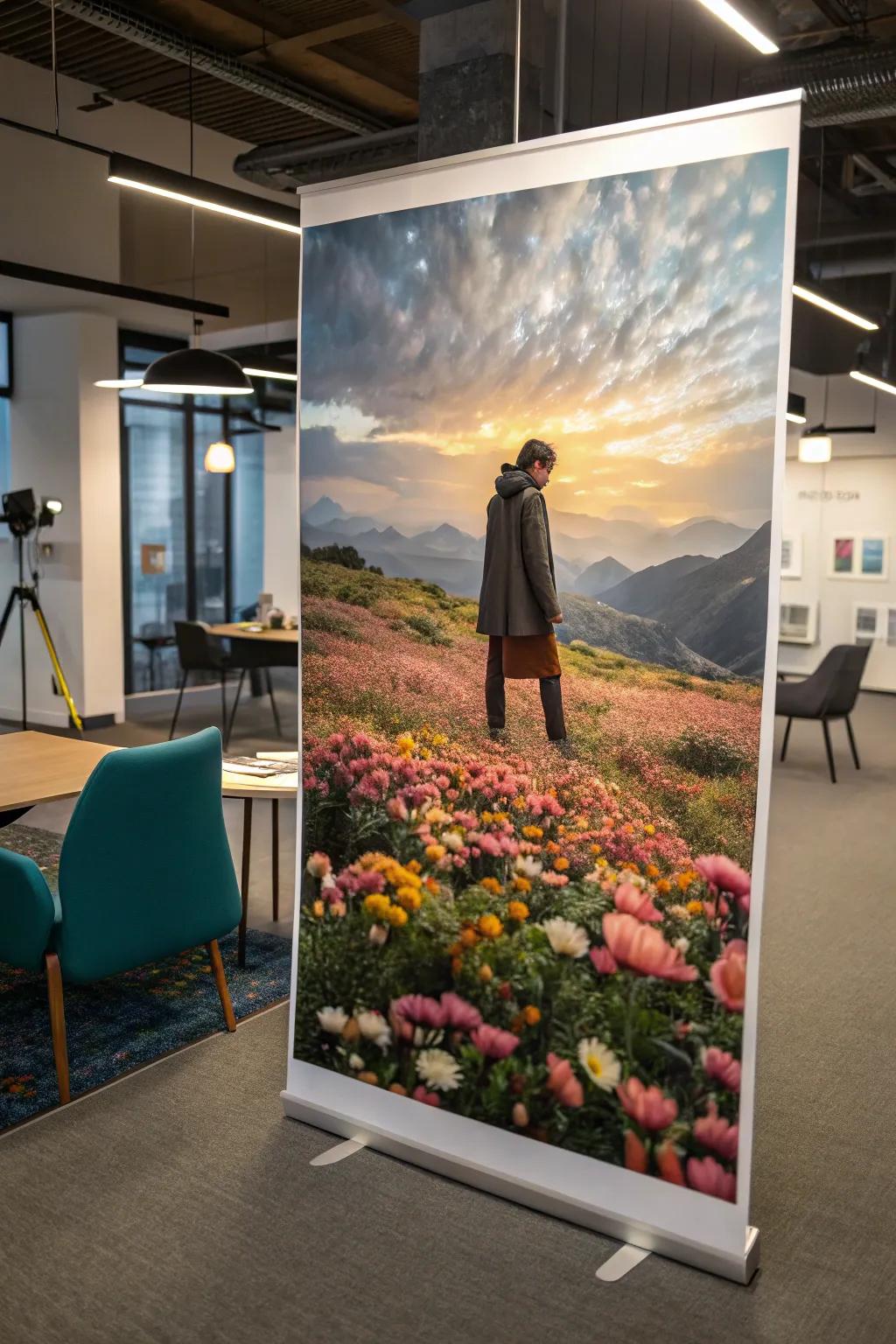 A surreal print featuring a person with flowers in a creative workspace.