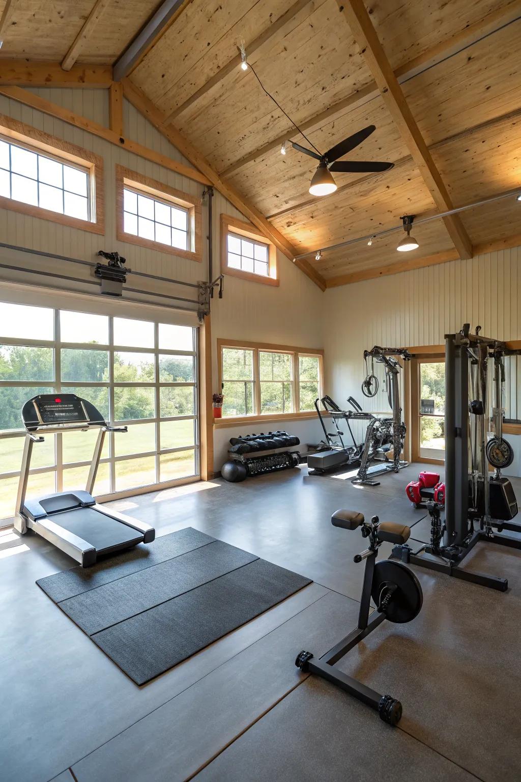 A private gym in a pole barn equipped with exercise machines and illuminated by natural light.