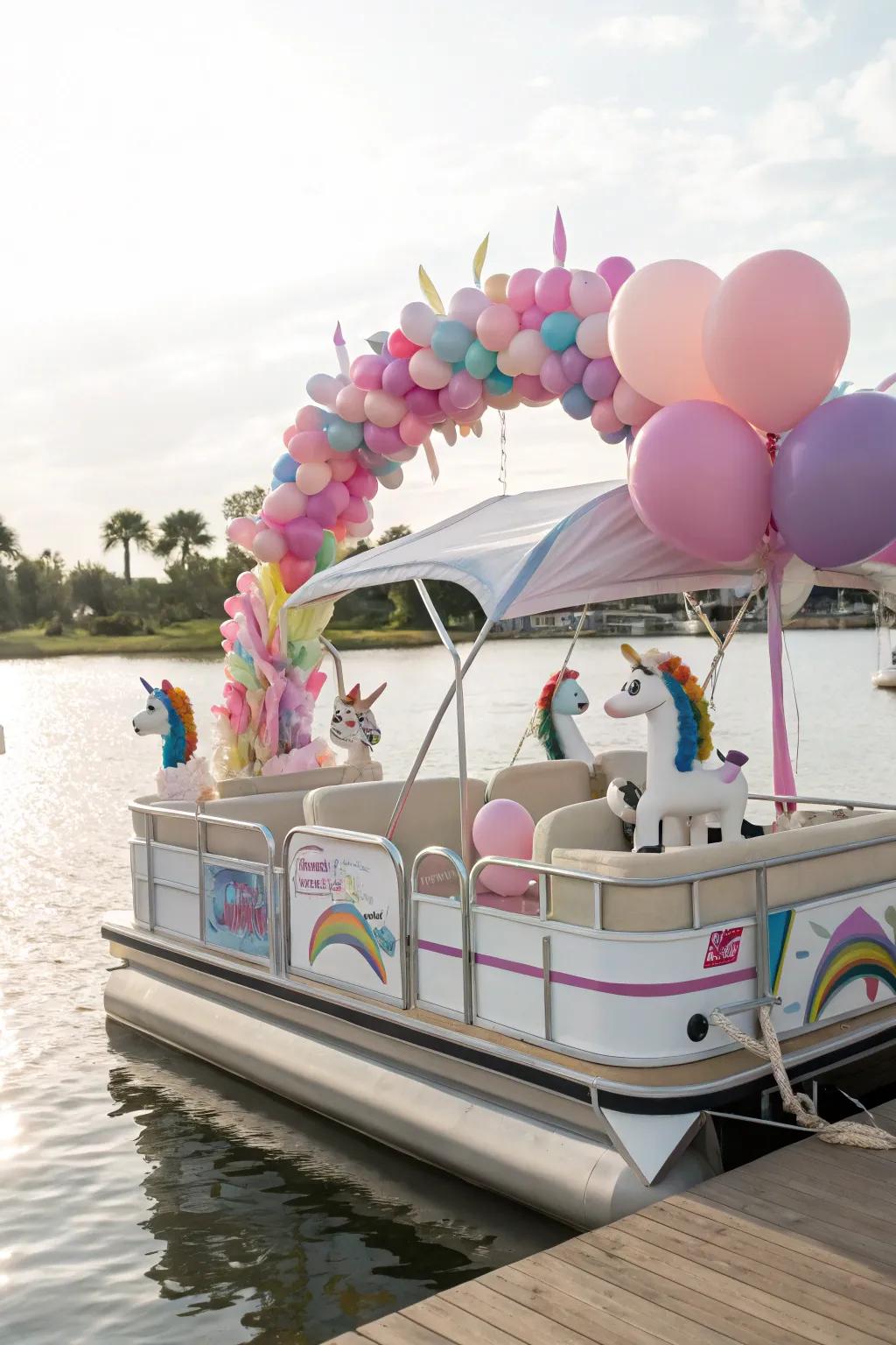 Fantasy-themed pontoon boat with magical unicorns and rainbows.