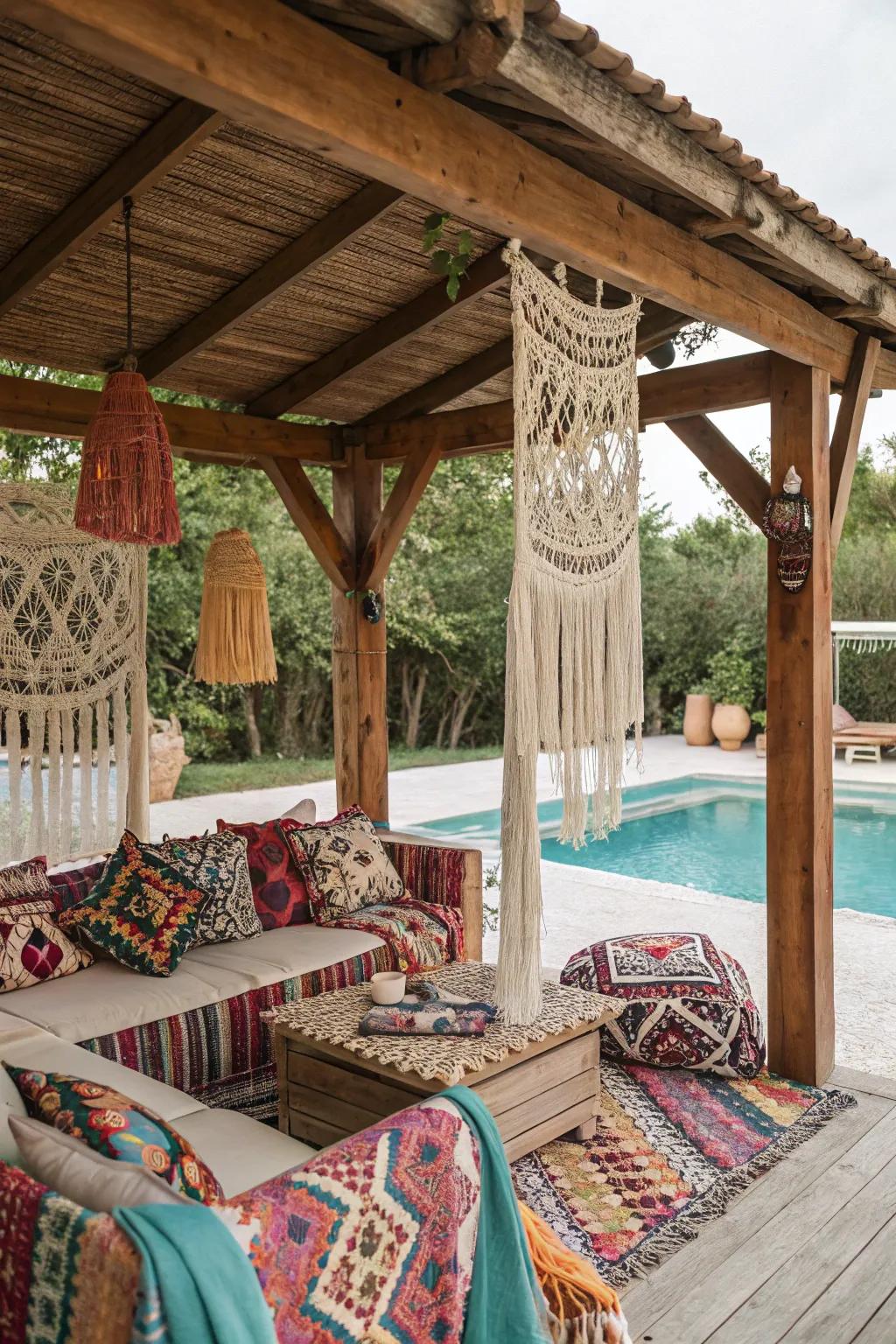 A bohemian cabana enriched with vibrant textiles and delicate macramé touches.
