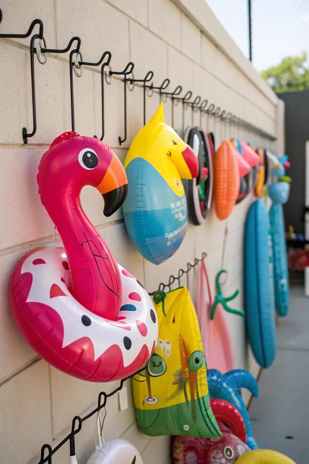 Hangers and hooks provide a simple solution for storing pool floats.