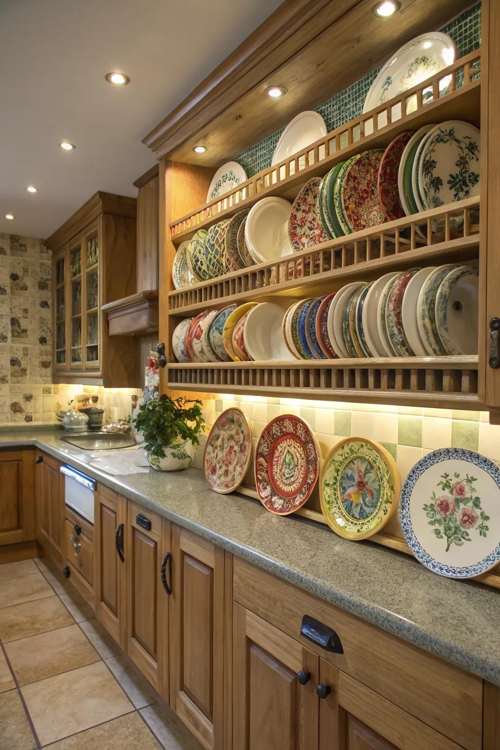 Kitchen wall adorned with pottery plates on wall-mounted racks.