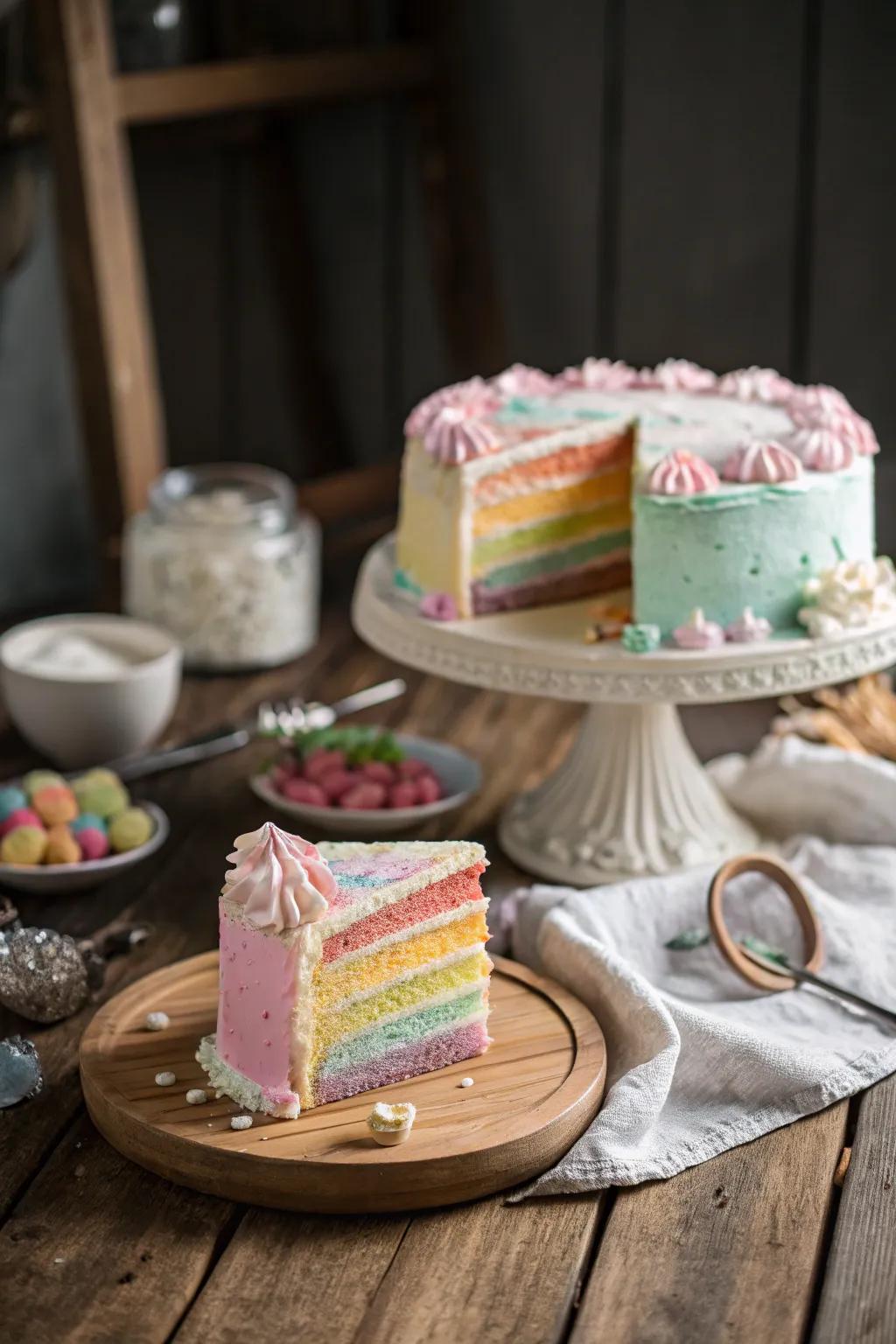 Pastel layers bring a gentle elegance to the rainbow cake.