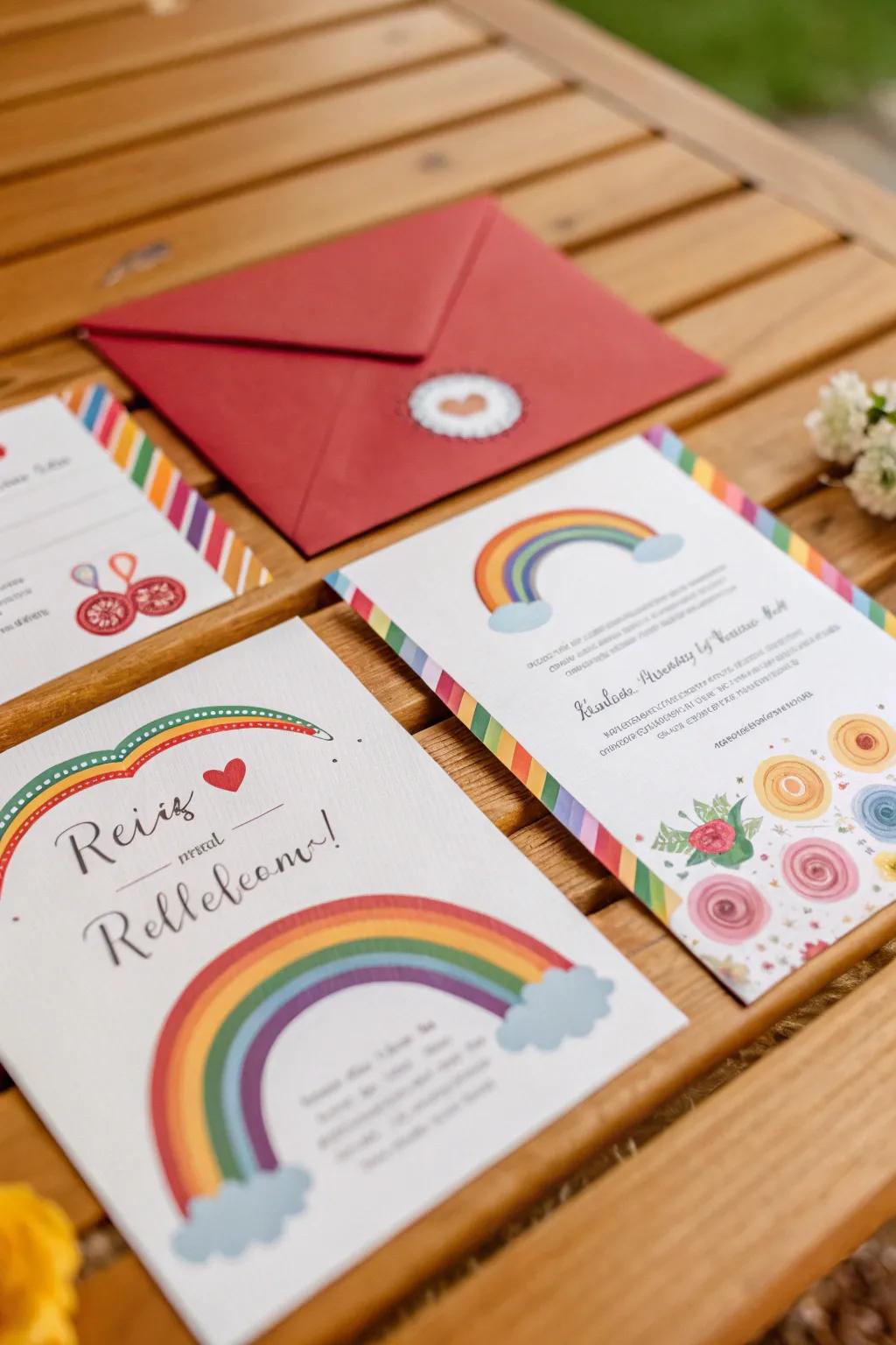 Rainbow-themed wedding invitations setting the tone for the big day.