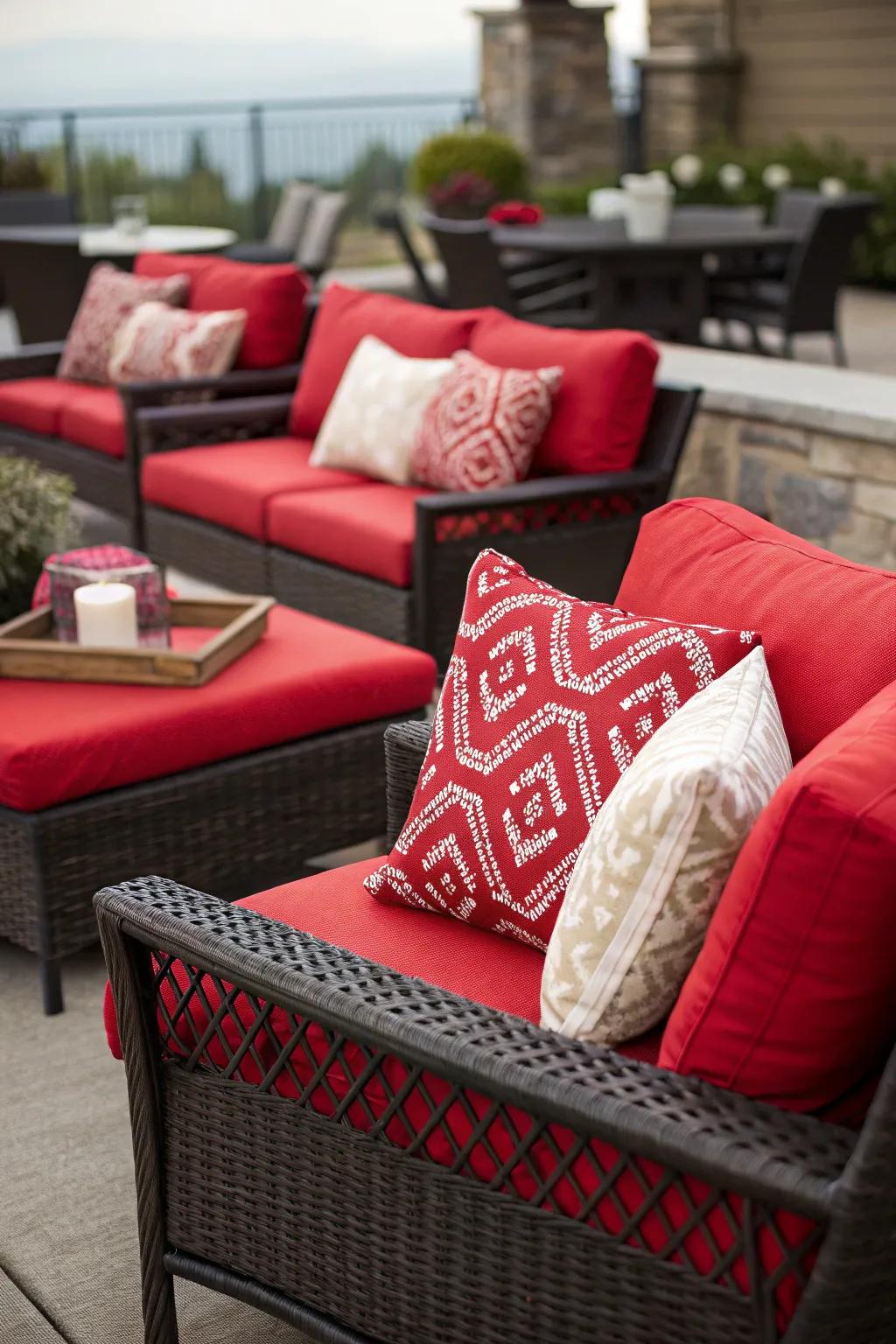 Red cushions freshen up the patio decor.