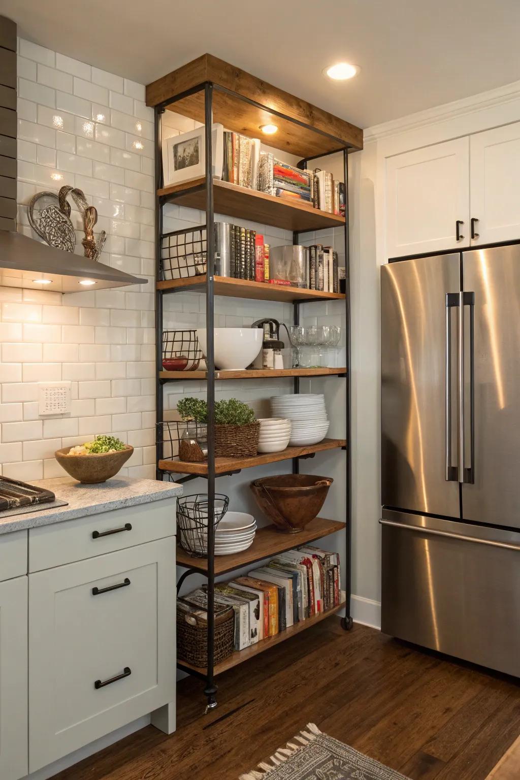 Decorative shelving around the refrigerator adds personality and function to the kitchen.