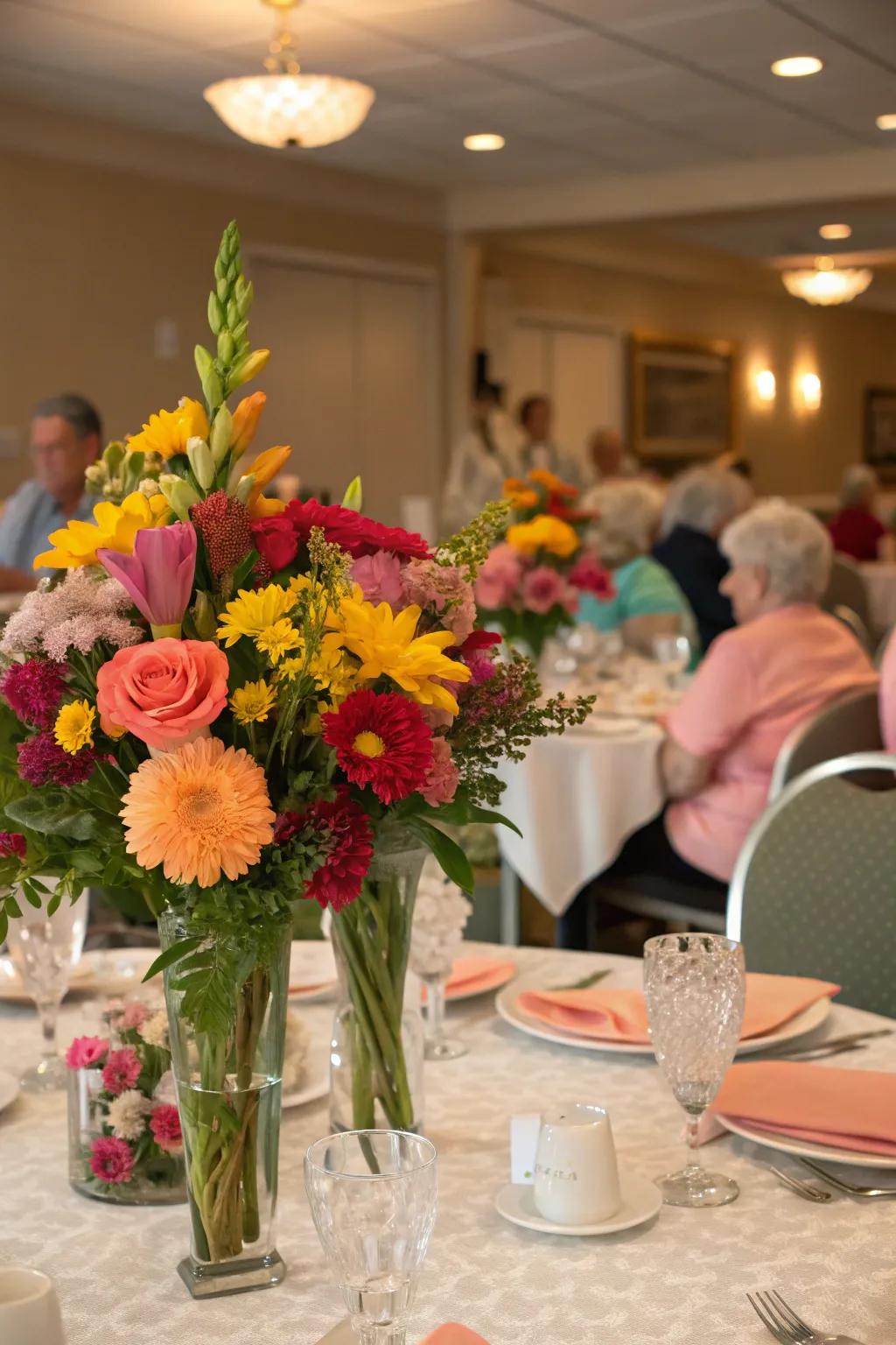 Floral centerpieces bring elegance and freshness to the party.