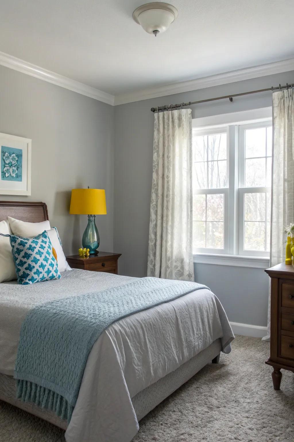 Subtle color accents add interest to a Revere Pewter bedroom.