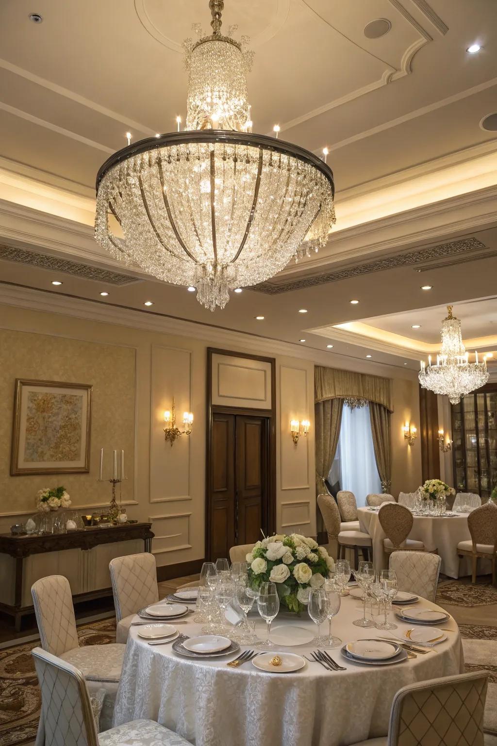 A chandelier adds a touch of class and sparkle to your dining experience.