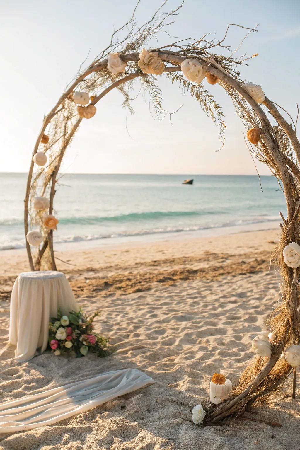 A coastal-themed round wedding arch on the beach.