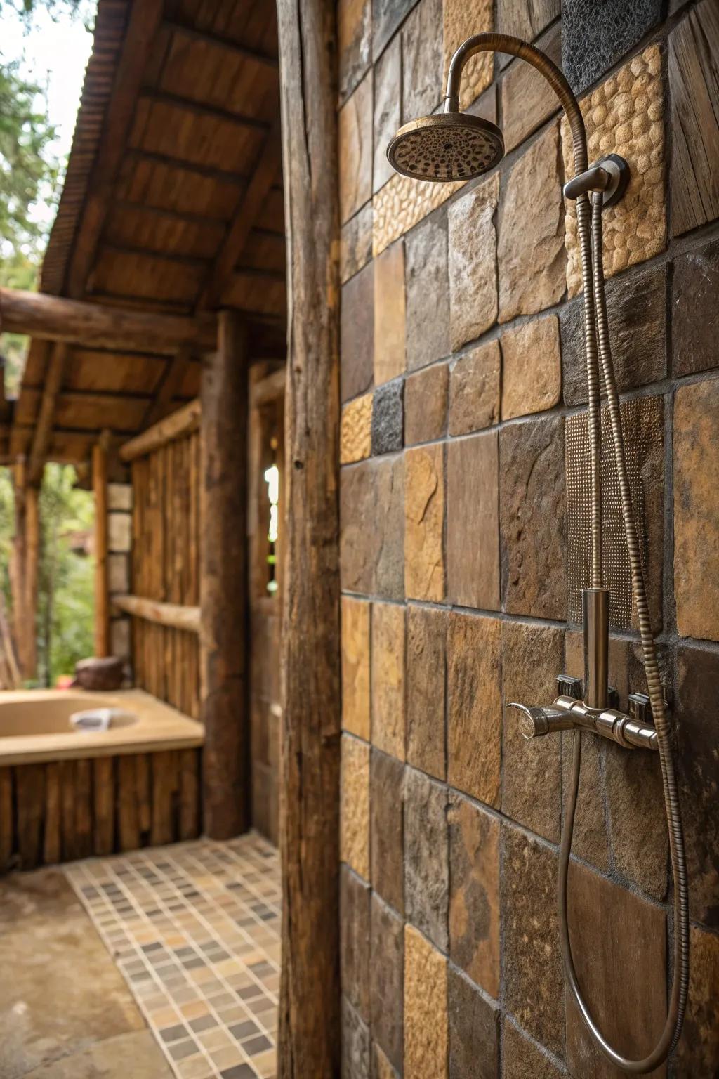 A rustic shower showcases textured tiles resembling organic materials, enriching the depth of the space.