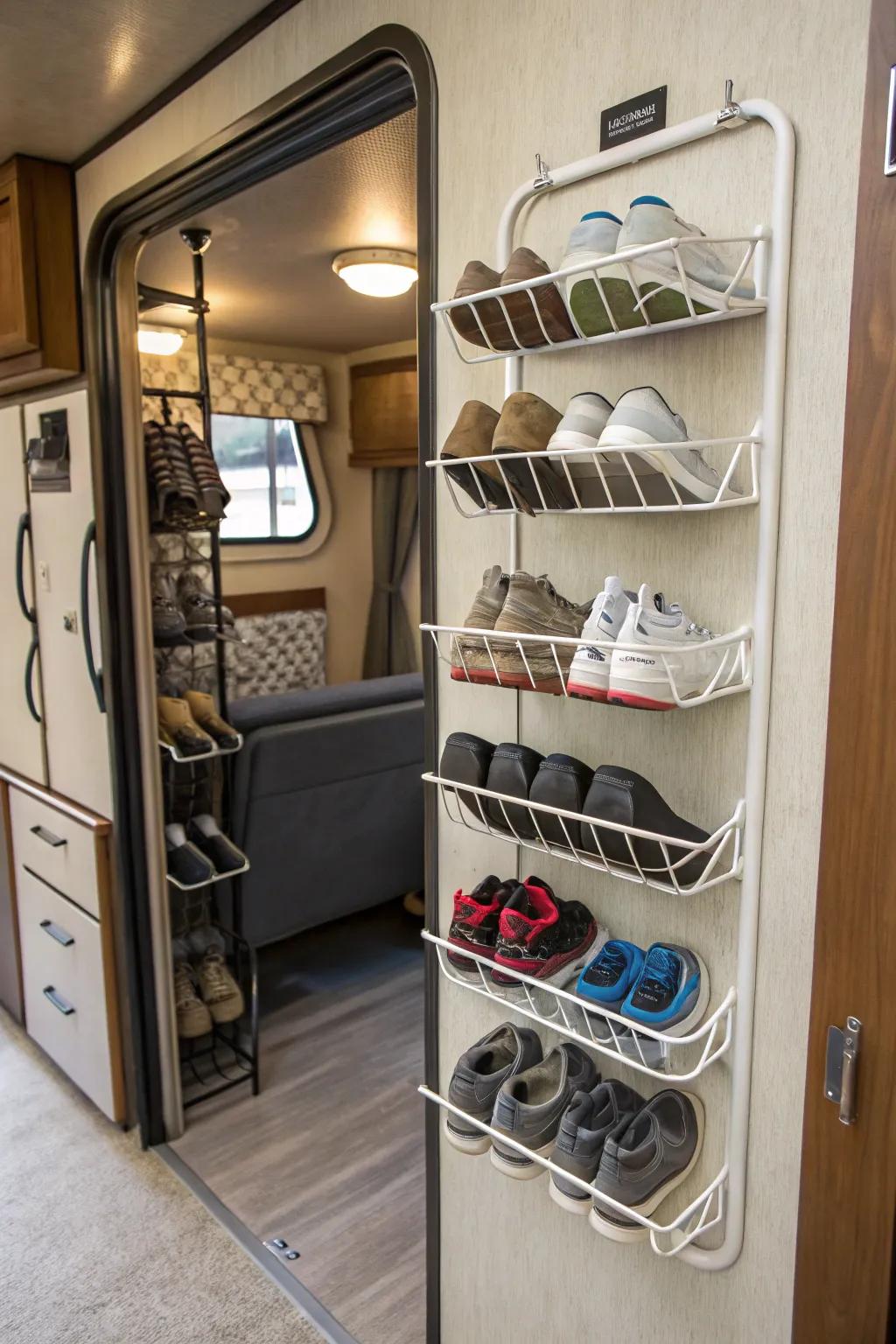 Wall-mounted wire racks provide a chic way to store shoes.