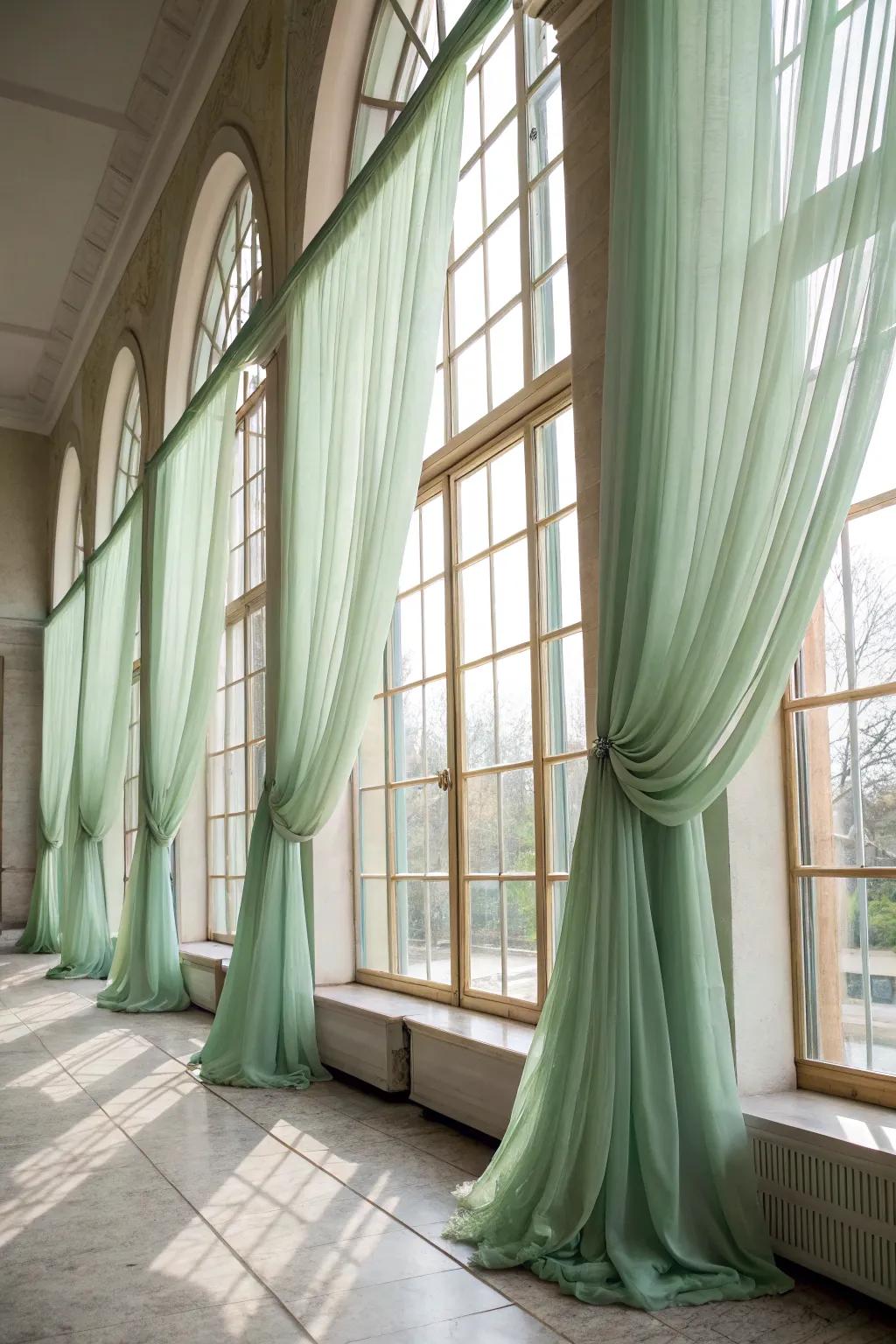 Elegant sage green curtains framing a sunlit window.